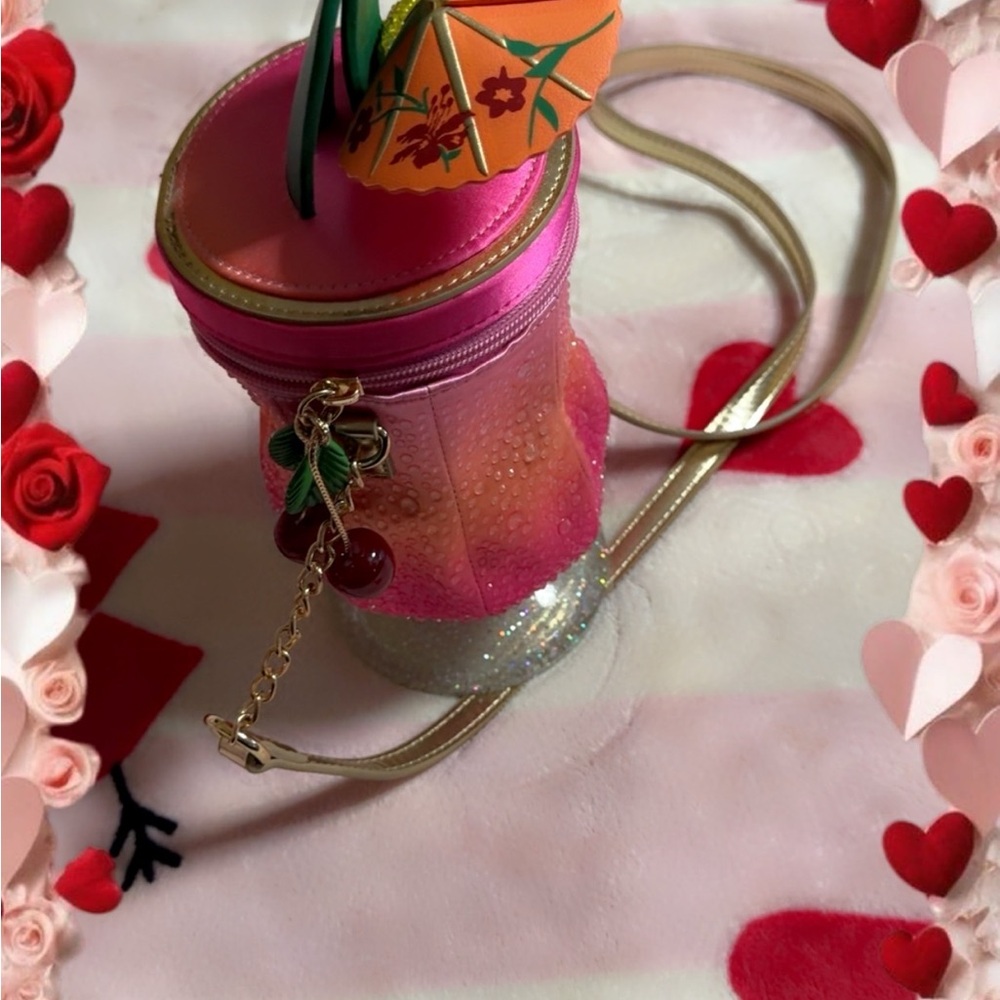 Betsey Johnson Pink and Gold Mini Bag with Cherry Accent